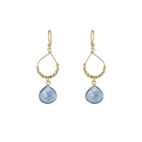 gold teardrop earrings with gold beads and blue stone at bottom